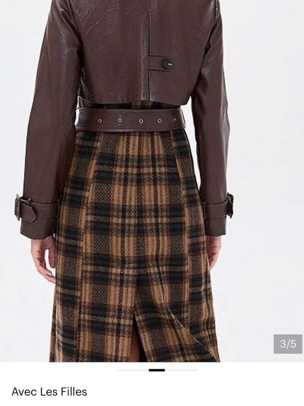 Avec Les Filles Brown and Tan Plaid Trench with Dark Brown Leather Sleeves - Picture 3 of 3
